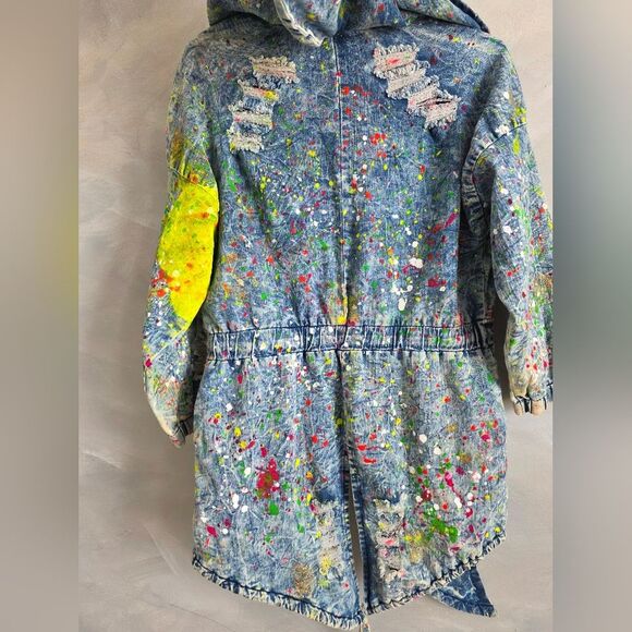 Aphrodite Acid Wash Denim Paint Splatter Open Frnt Long Jacket L Distress Hood - Picture 3 of 14